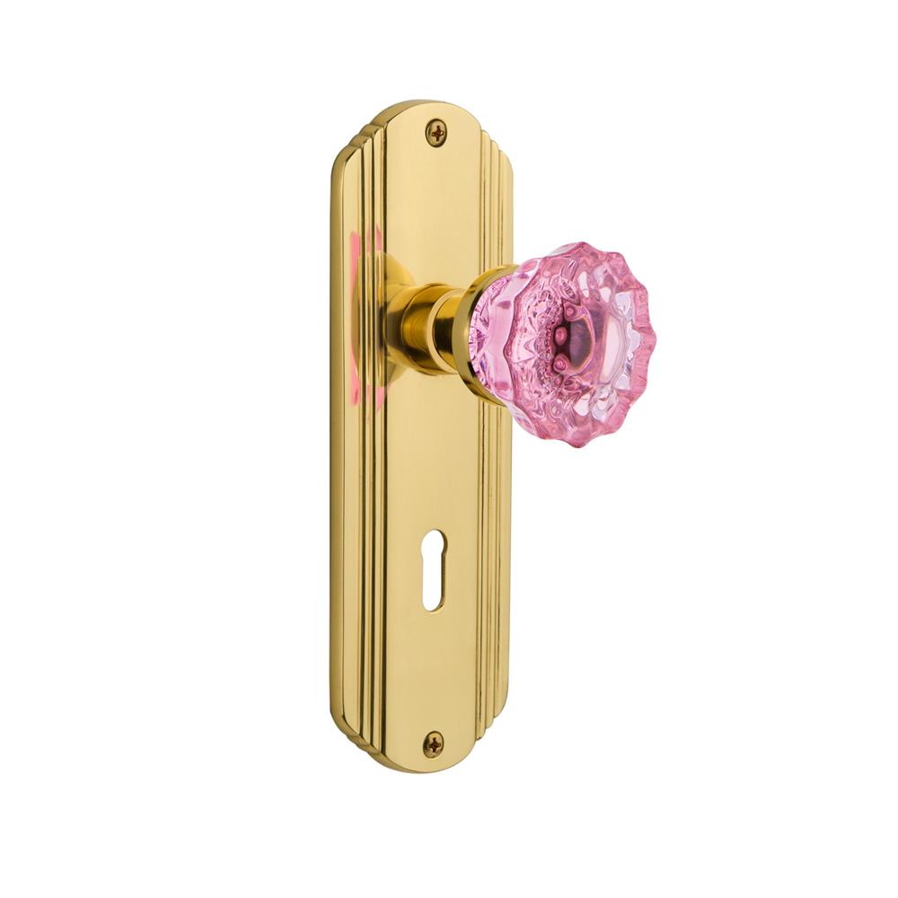 Nostalgic Warehouse DECCRP Colored Crystal Deco Plate Interior Mortise Crystal Pink Glass Door Knob in Polished Brass